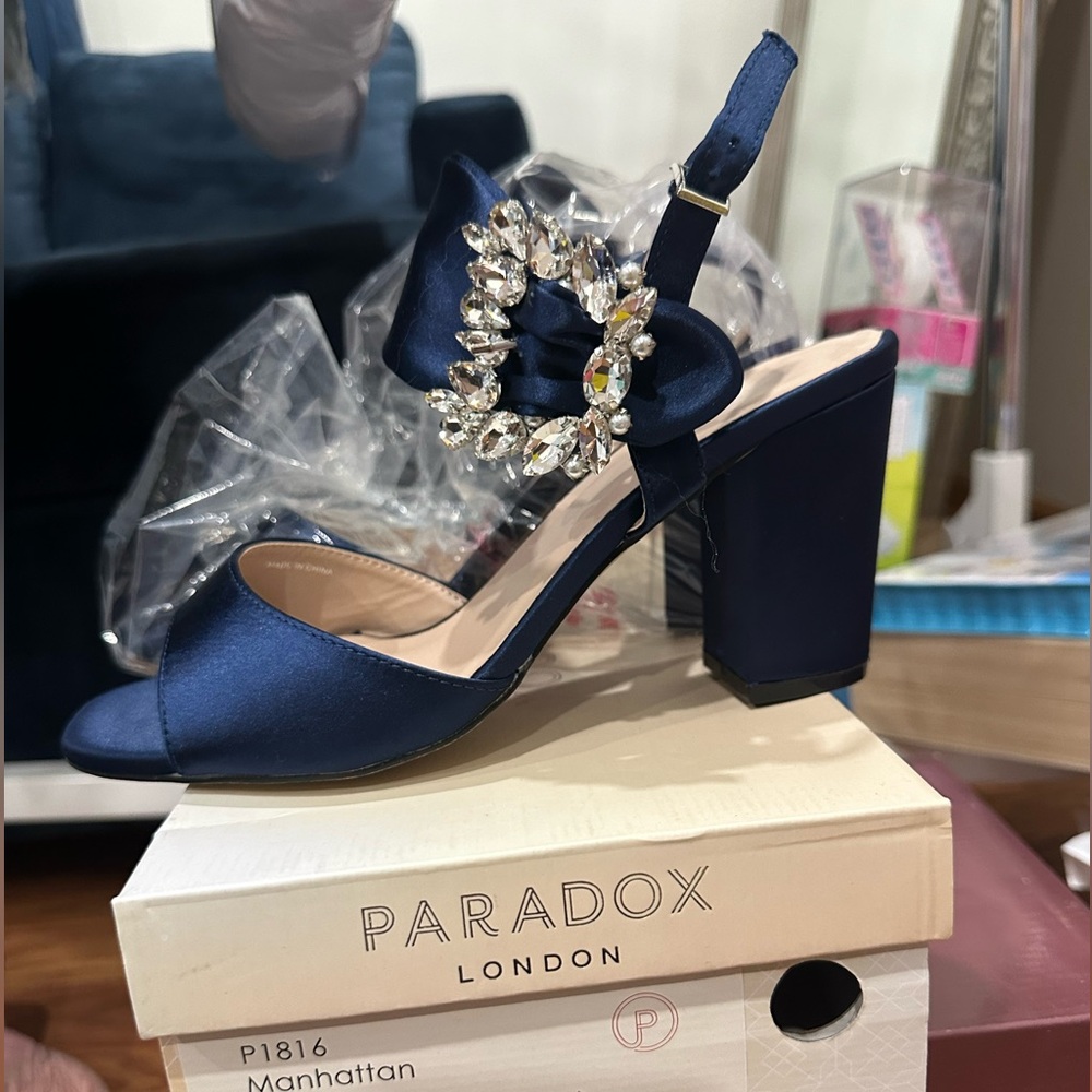 Paradox London Pink Blue Heels with Crystal Embellishment